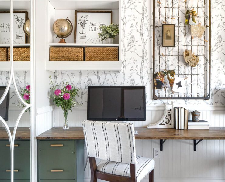 home office desk with open shelves and farmhouse decor