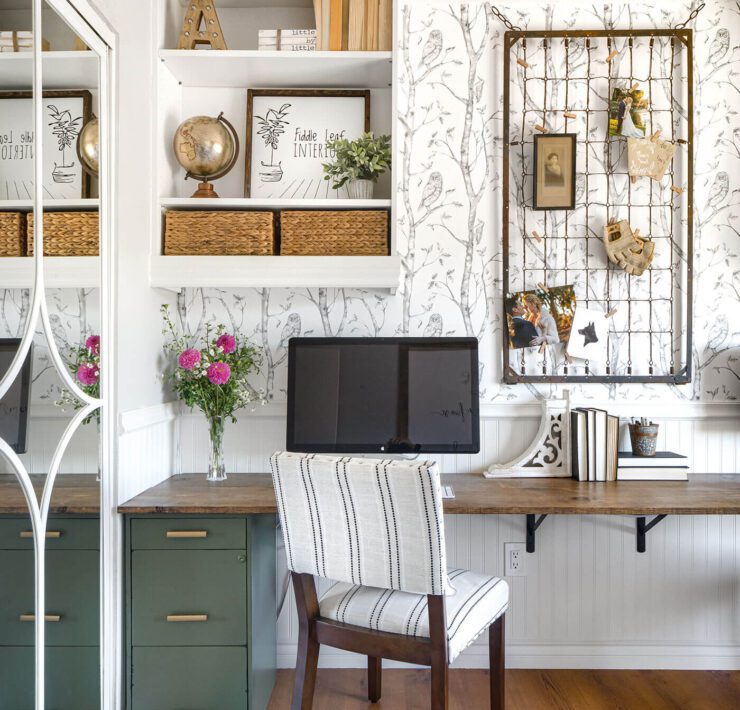 home office desk with open shelves and farmhouse decor