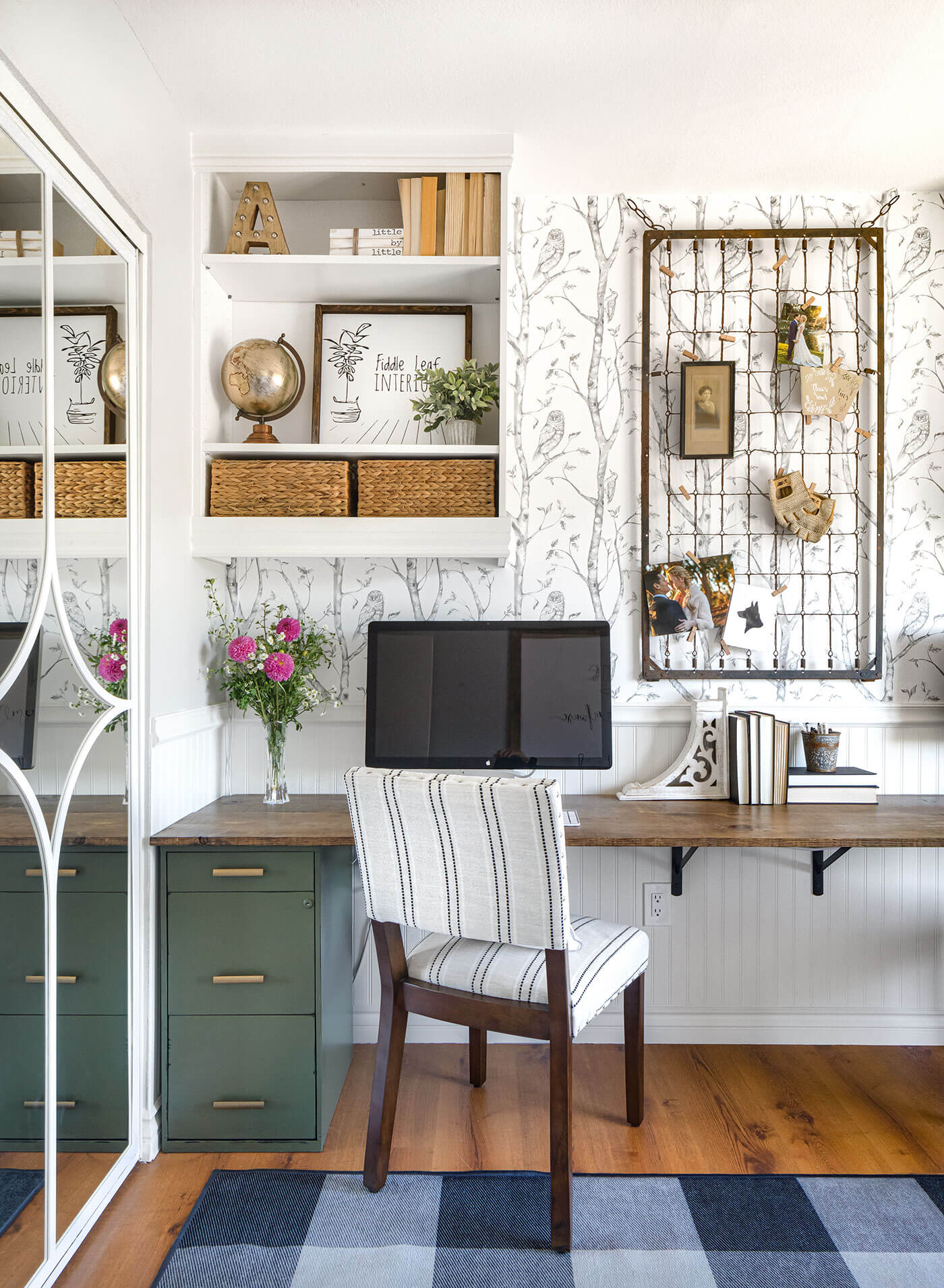 home office desk with open shelves and farmhouse decor