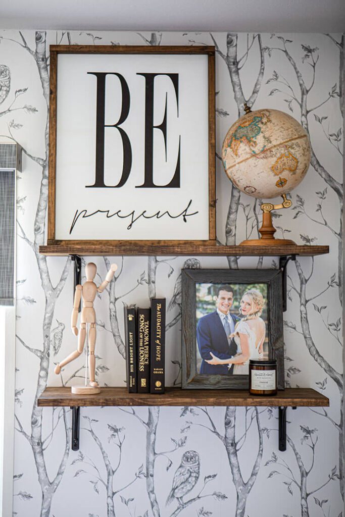 Home office open shelves with farmhouse decor