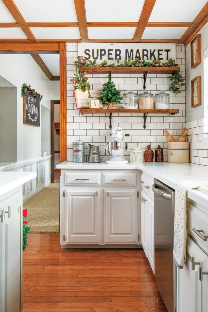 Kitchen with open shelves and Christmas decor