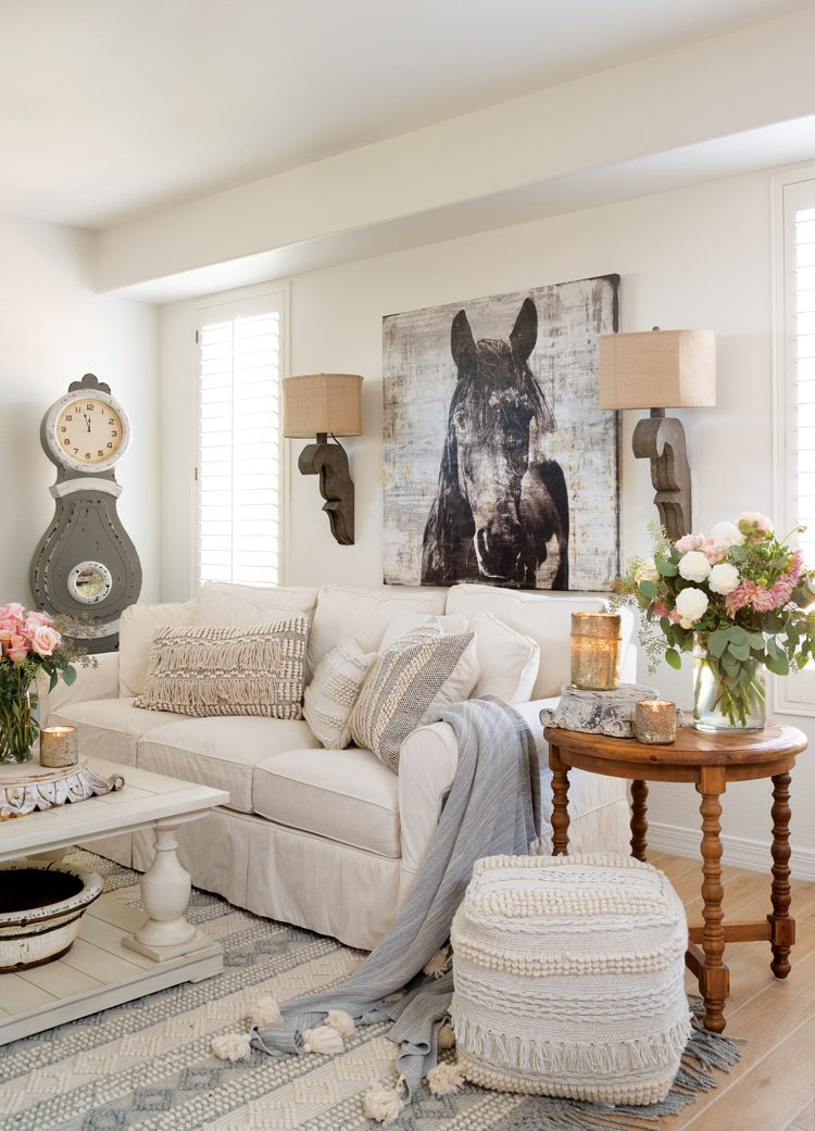 Desert farmhouse living room patina horse art