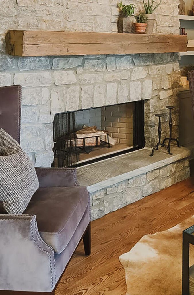 Fireplace of stone in living room
