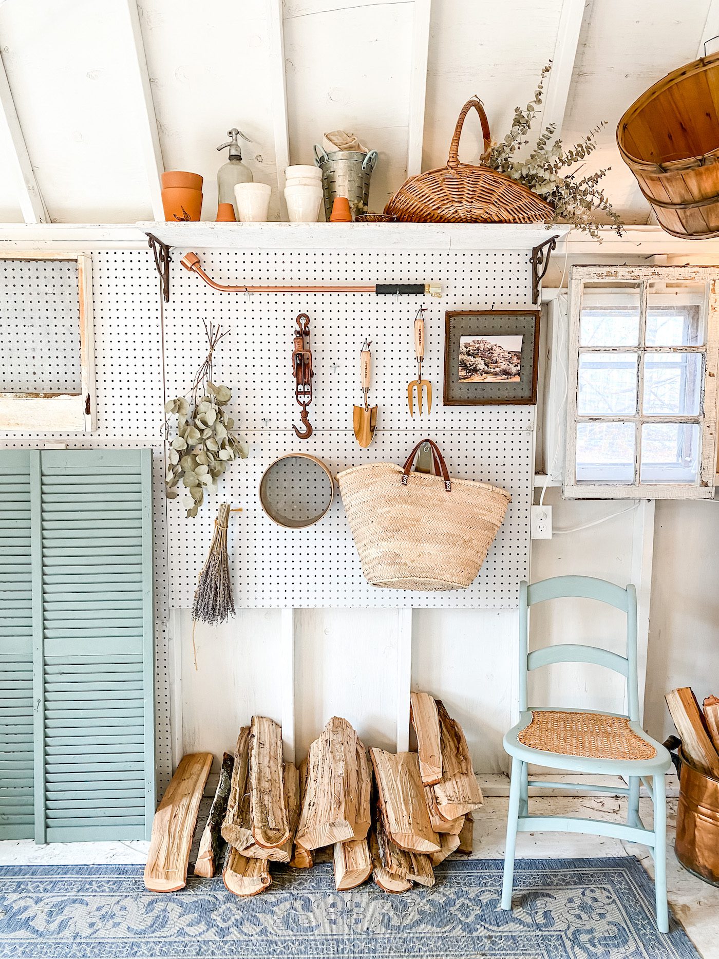 Peg board against a wall