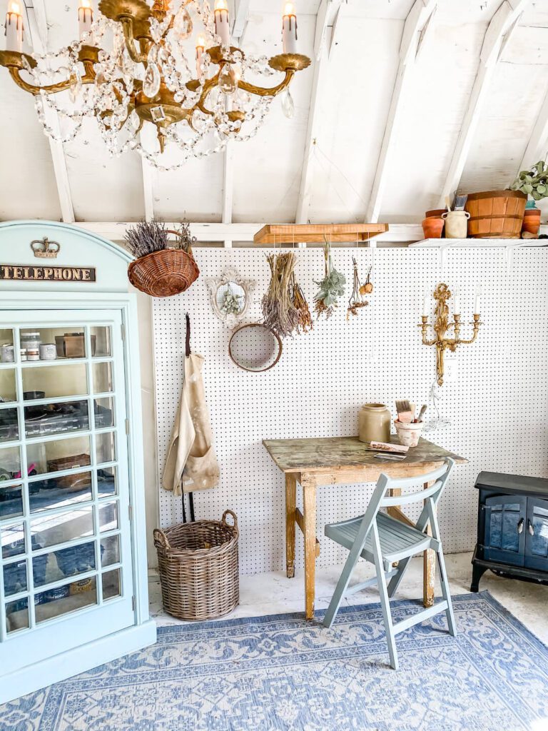 chandelier in garden shed