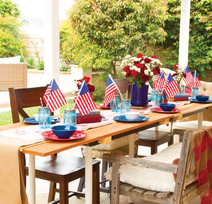 4th of July tablescape with butcher paper mason jars flowers flags