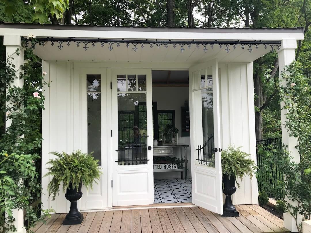 vintage shed with repurposed antique doors