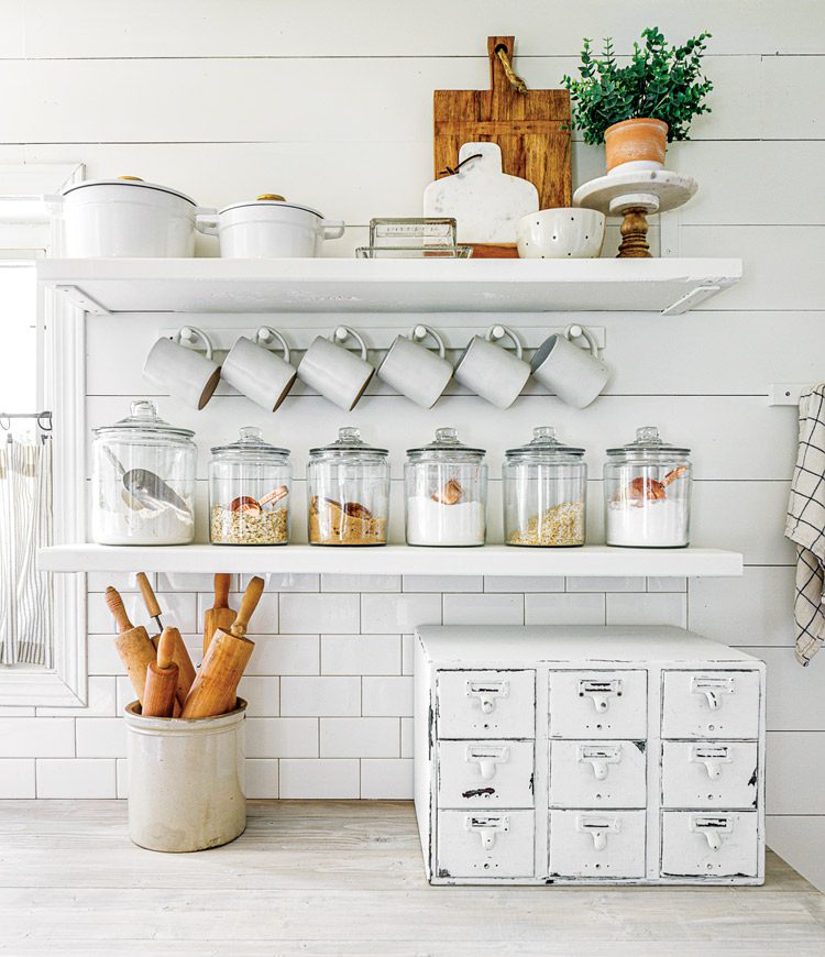 Iowa fixer-upper kitchen exposed shelves apothecary drawers