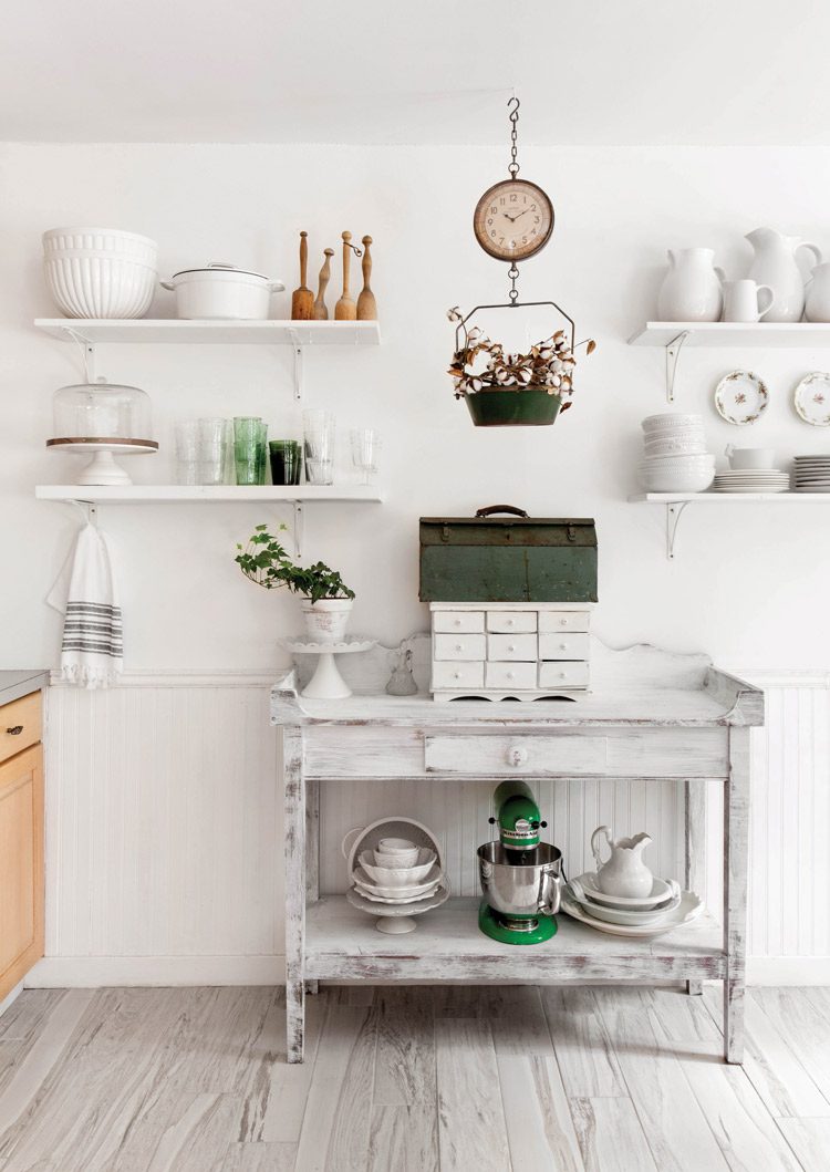 white kitchen with open shelving