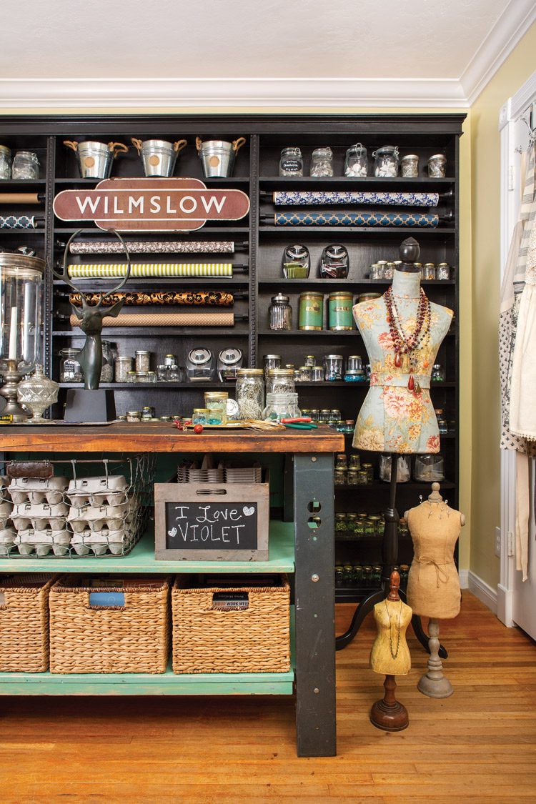 home office craft room in California home with flea market finds