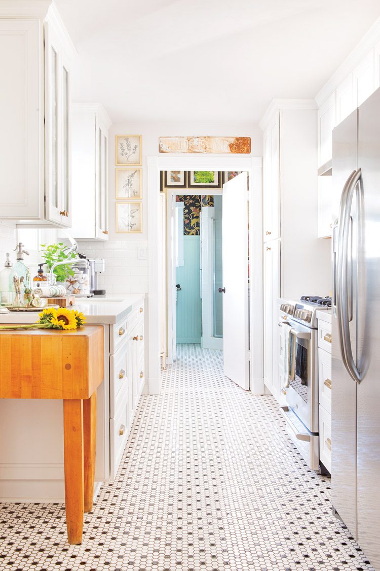 kitchen with neutral penny floor tile