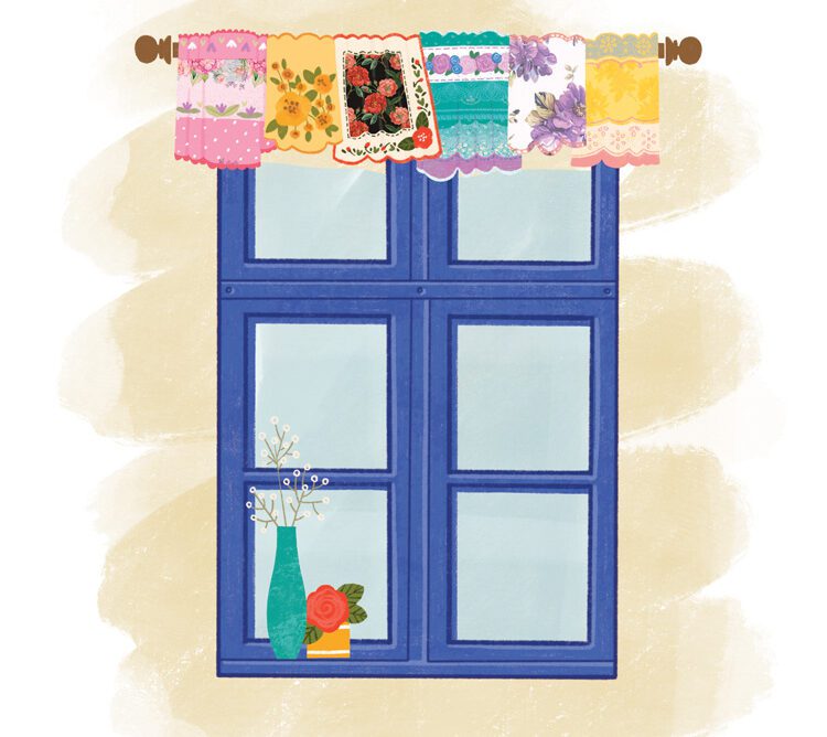vintage handkerchiefs as DIY window valances