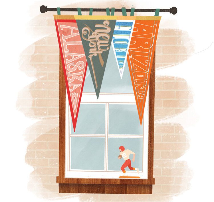 illustration of vintage sports pennants repurposed as window valance