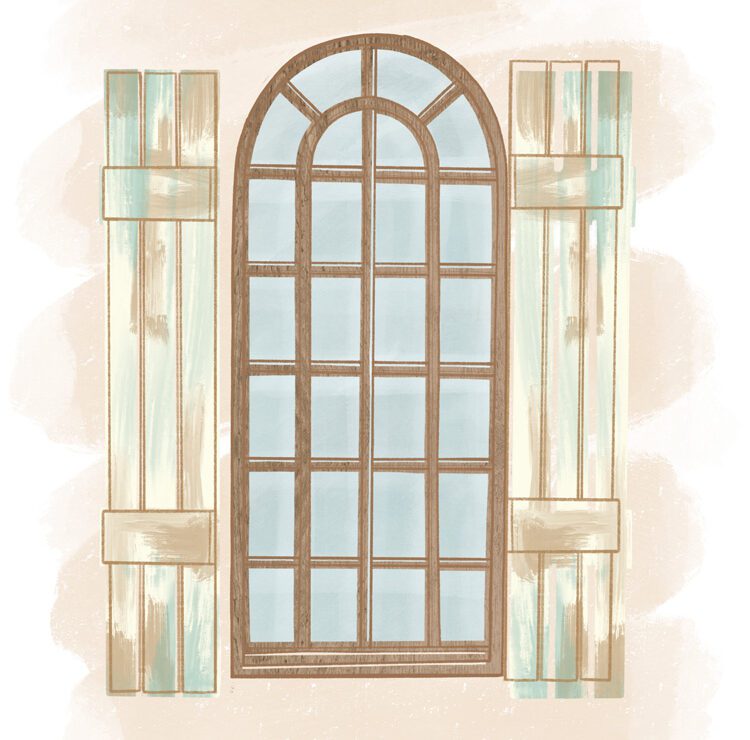 illustration of vintage shutters mounted on either side of a window
