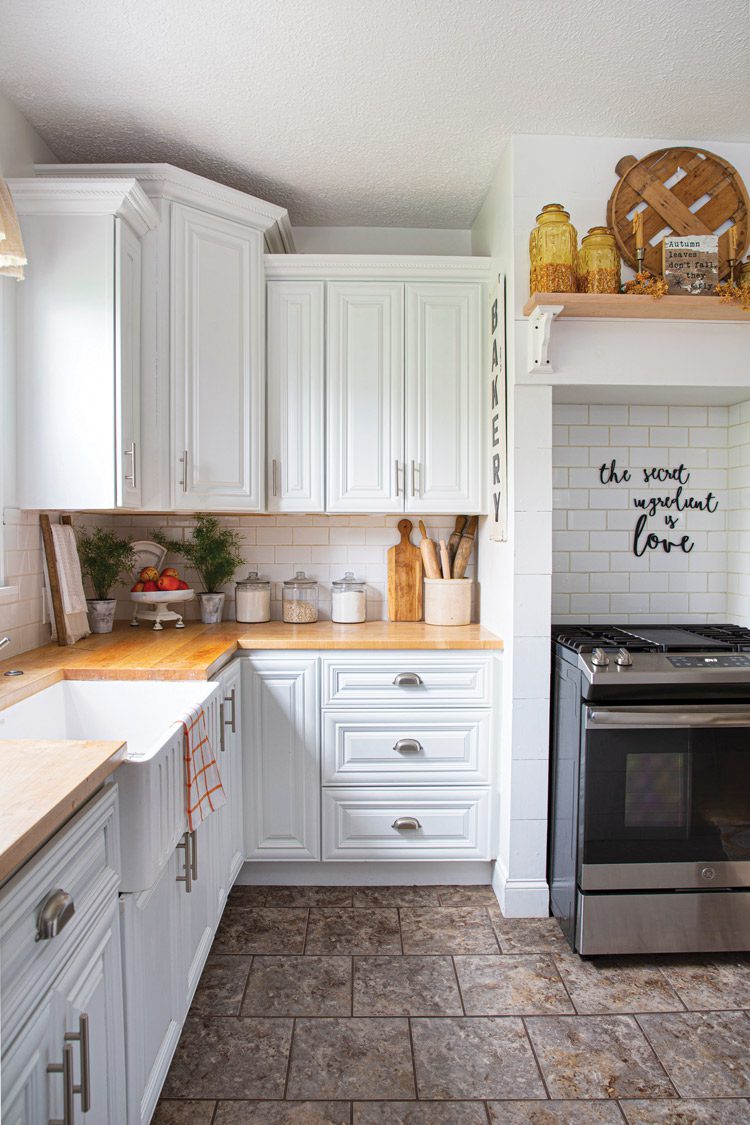 white cabinets in farmhouse kitchen