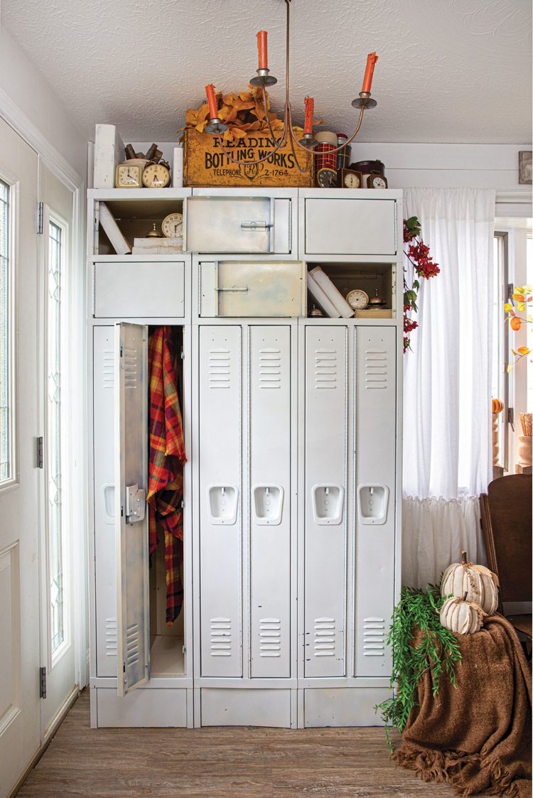 vintage lockers in Curated Farmhouse entryway