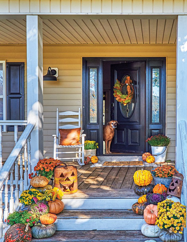 fall front steps with pumpkins