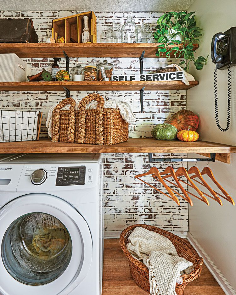 farm-cottage laundry room with fall pumpkins