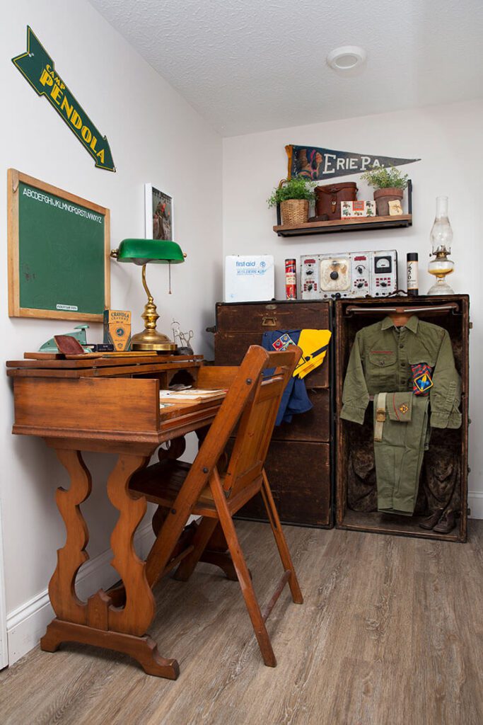 This desk and all of the school items on it are vintage. Meant to serve a double purpose as functional work space and creative inspiration, the boys’ guest bedroom brings together practicality and style in a fun and unique way.