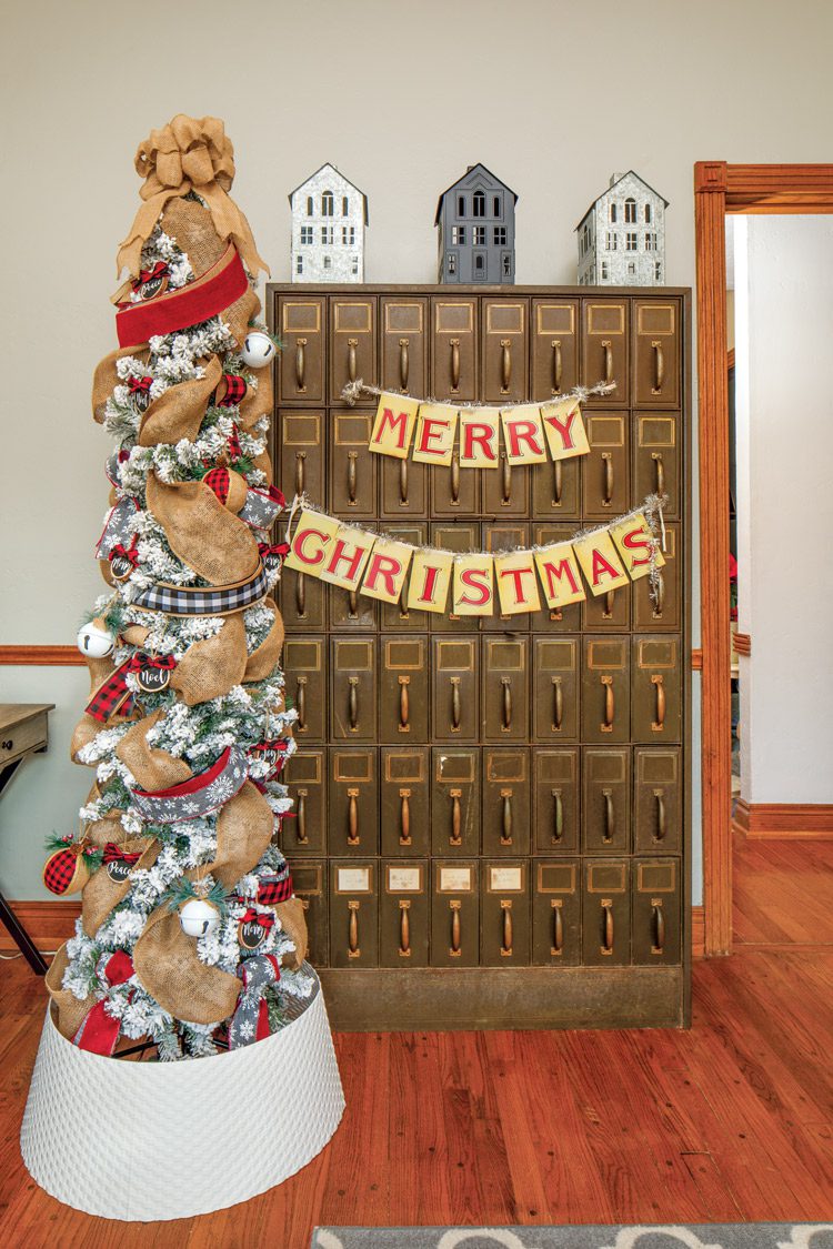 vintage filing cabinet decorated for Christmas