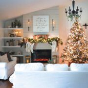 family room with fresh Christmas greenery