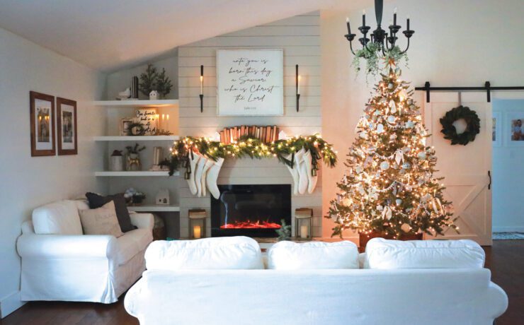 family room with fresh Christmas greenery