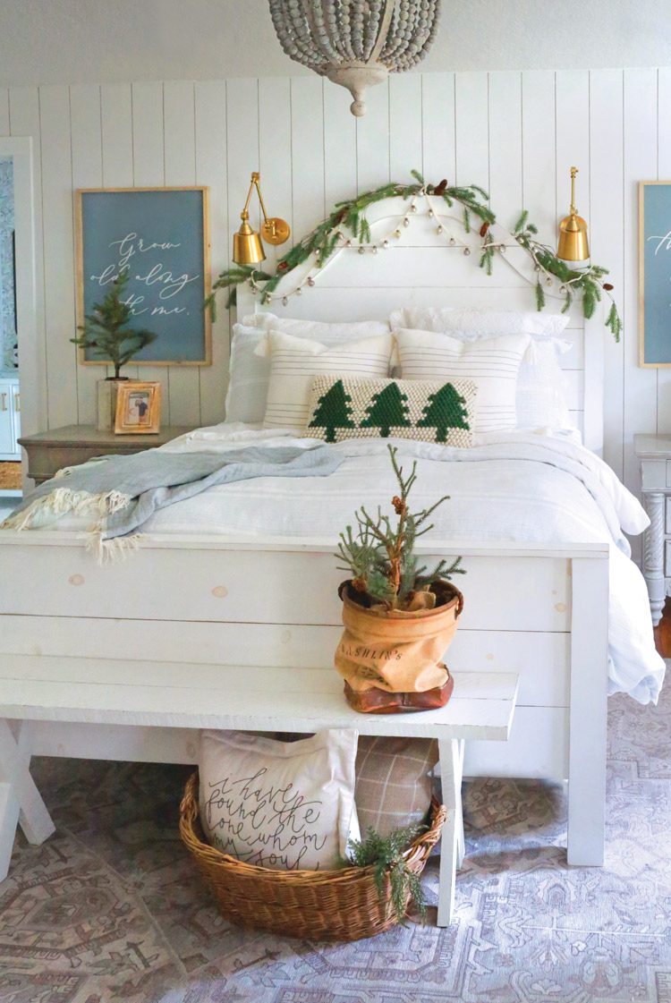 Christmas garland on headboard