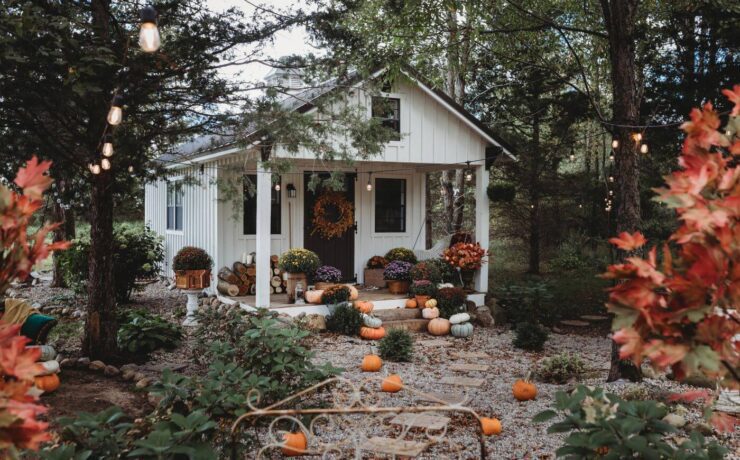 A white rustic style fall she shed with a porch is surrounded by mums and pumpkins