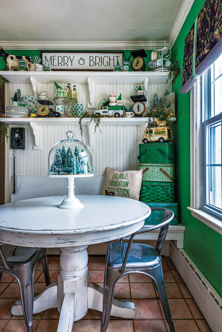 green accent wall with live greenery on shelves