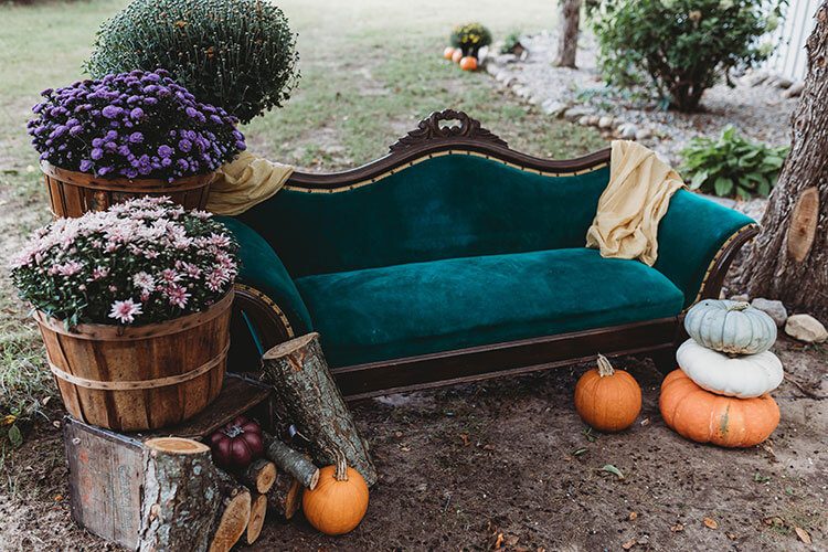 Green velvet sofa outdoors with mums and pumpkins