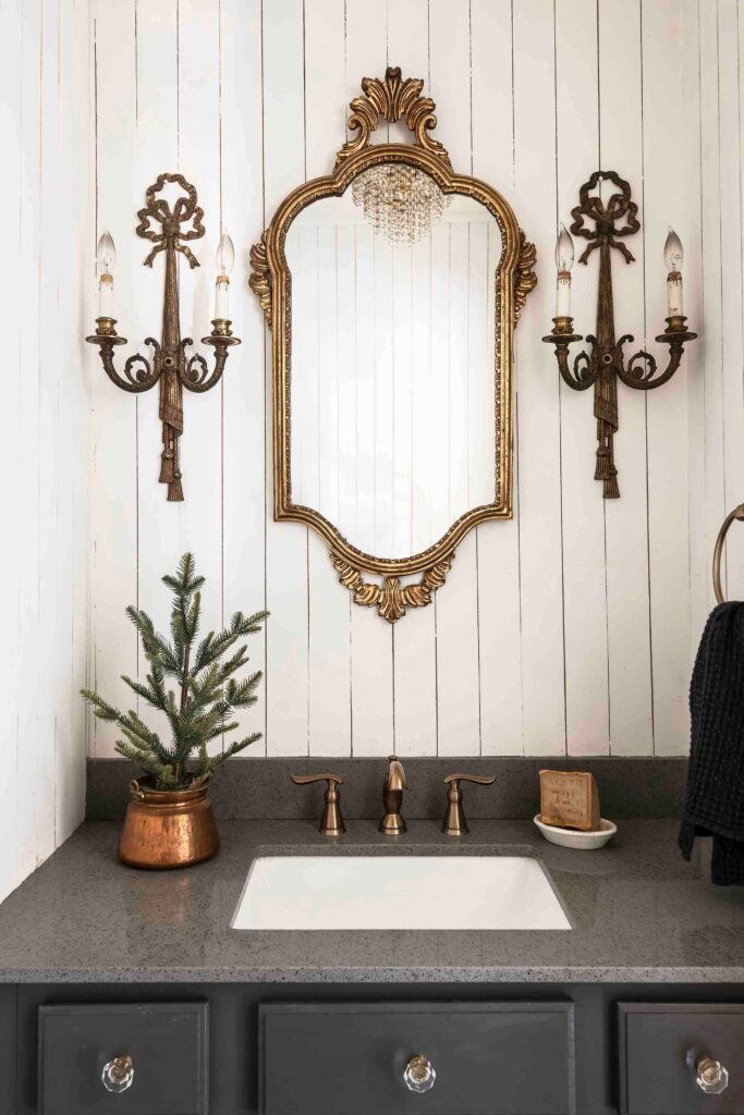 French antique mirror in bathroom with small tree in copper pot