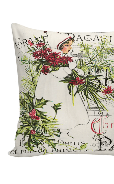 vintage Christmas pillow with holly and girl with red flowers