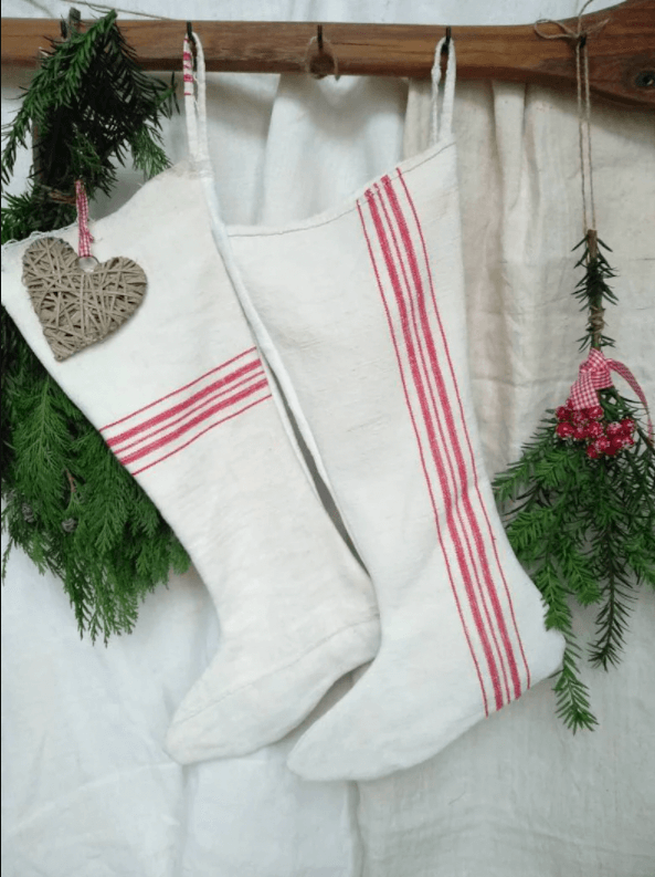 hemp Christmas stocking white with red peppermint stripes