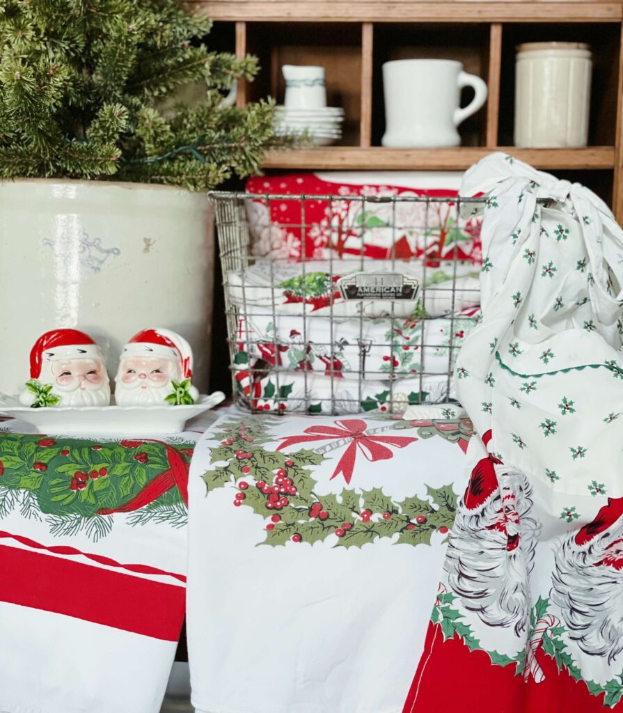 Vintage tablecloths for Christmas décor