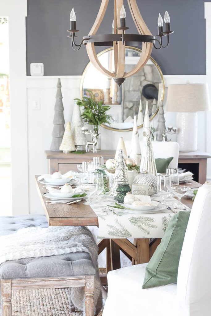 clean green, white and light gray holiday tablescape