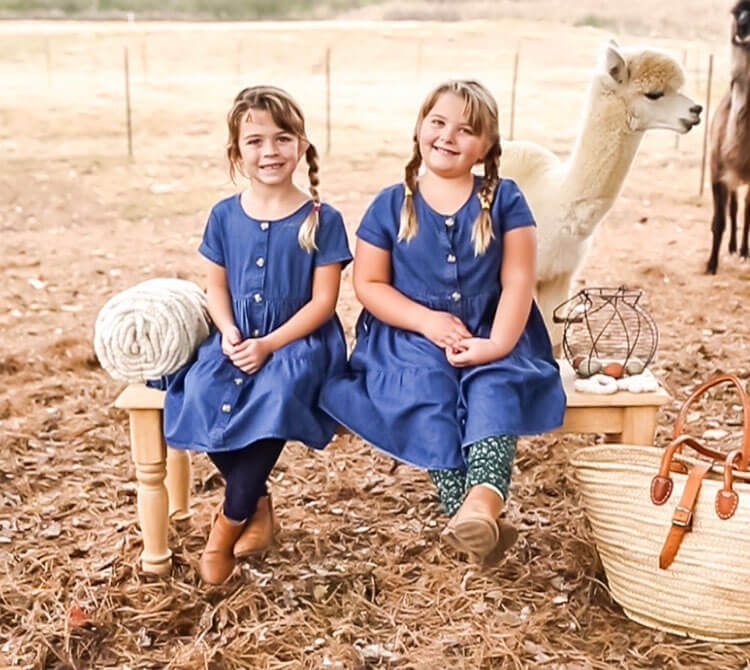 Two young girls in matching dresses next to llama