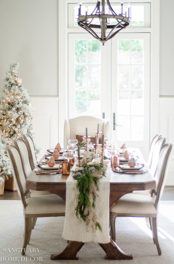 neutral, minimalistic holiday tablescape with copper accents