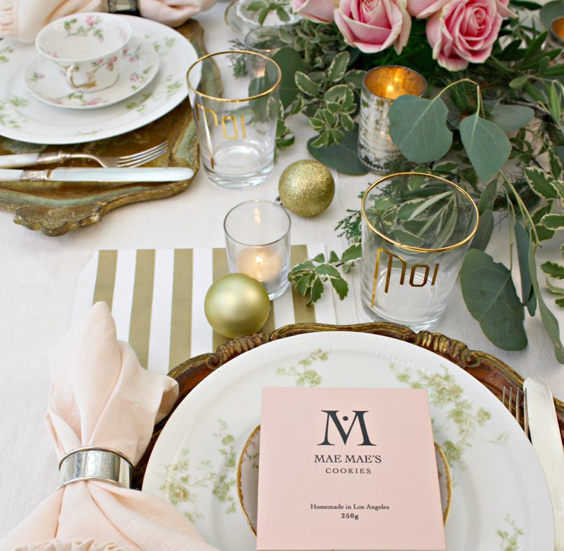 floral green, gold, white, and pink holiday tablescape