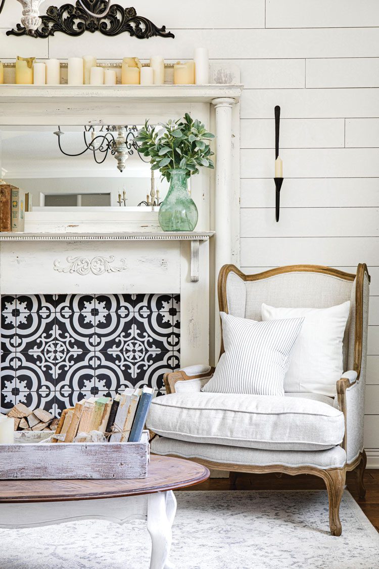 patterned tile in faux fireplace