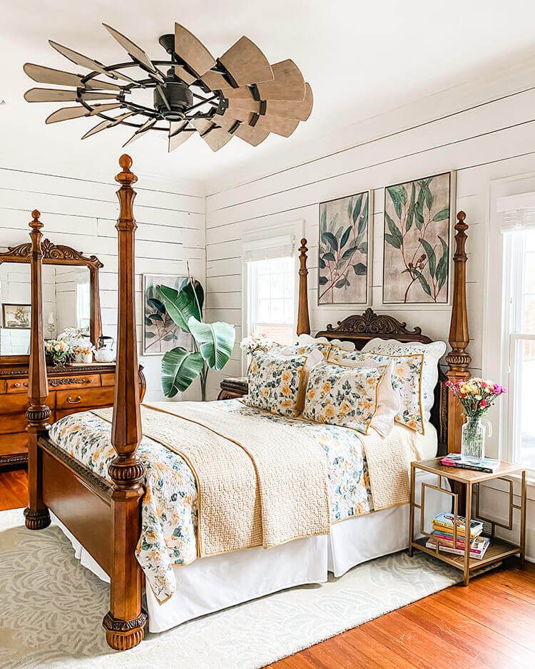 Project House Louisiana bedroom with shiplap and four poster bed