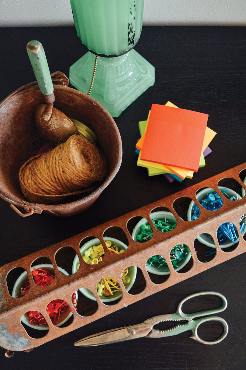 repurposed vintage chicken feeder in home office