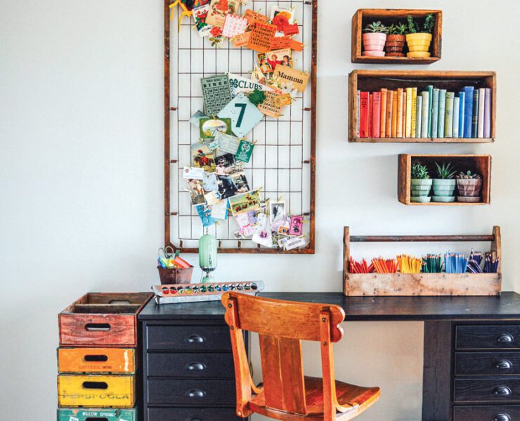 colorful home office with vintage repurposed items for organization