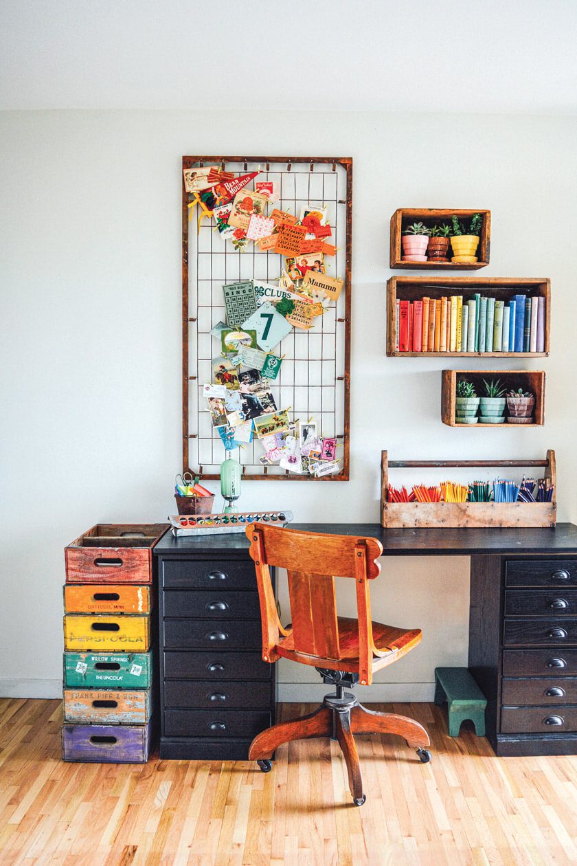 colorful home office with vintage repurposed items for organization