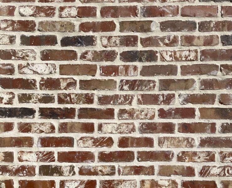A display of a farmhouse brick wall from Cherokee Brick’s most popular selection in their Handcrafted Collection. The brick is a blueish red body and pops of black and white