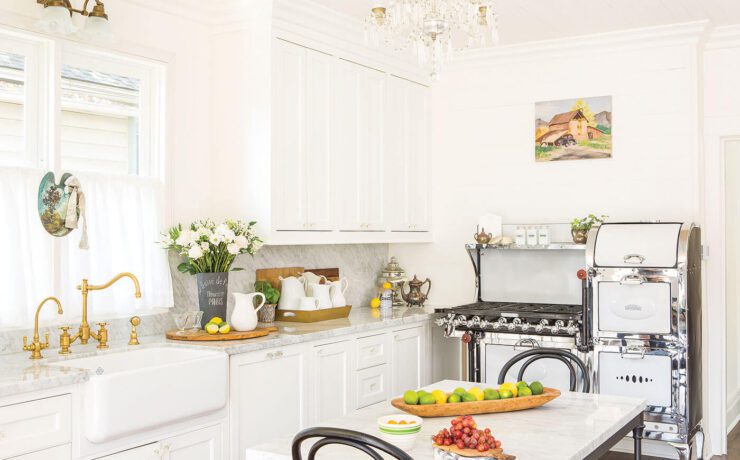 kitchen with faux marble countertops