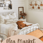 Bedroom with flea market wall decor and dog sleeping on the bed and text