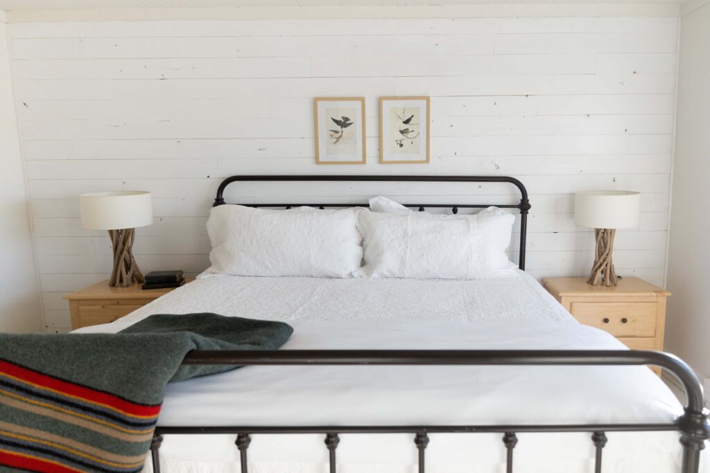 Alyson Dorr's Montana homestead bedroom with sculptural wood lamps