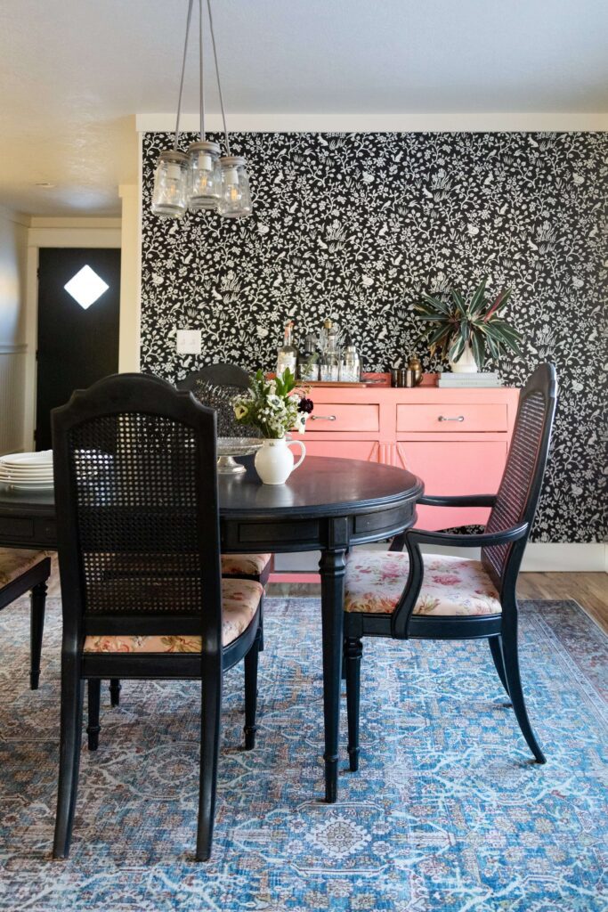 Alyson Dorr's Montana homestead dining room with black and white wallpaper