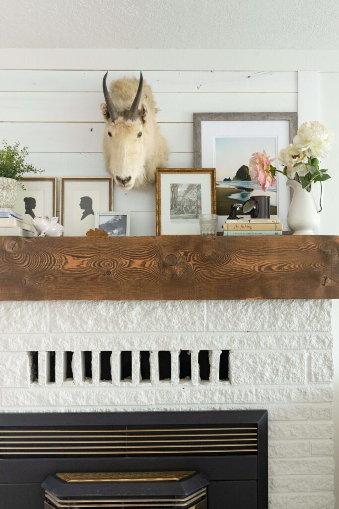 Alyson Dorr homestead mantle with mounted goat head and framed art