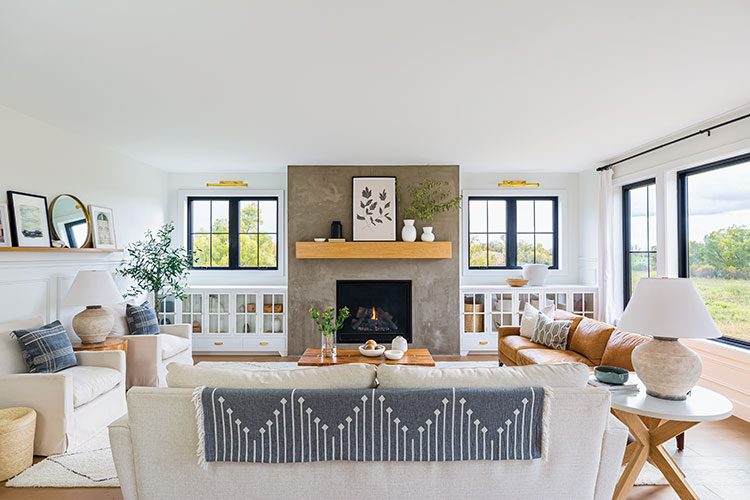 living room with fireplace in Minnesota farmhouse
